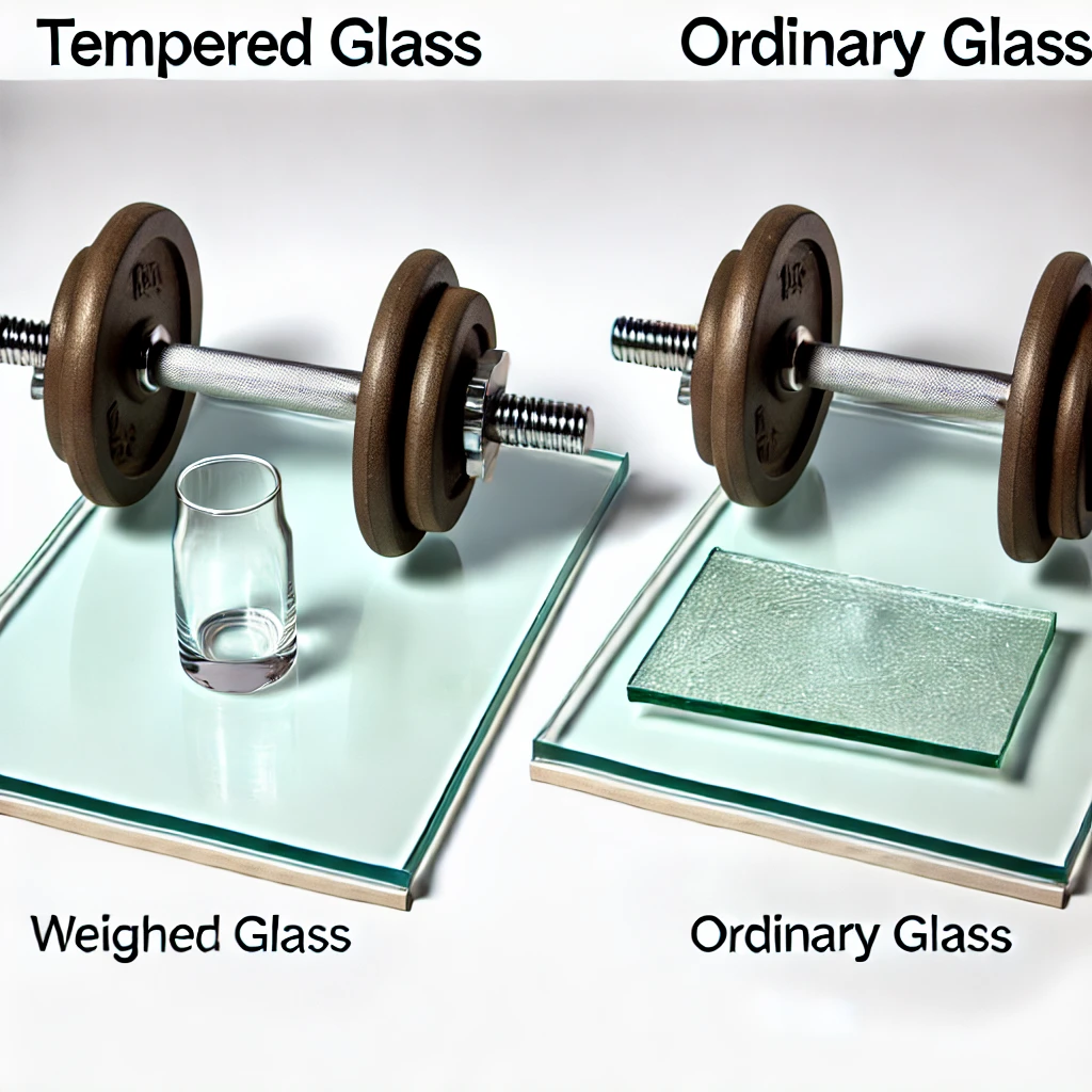 another image showing tempered glass compared to ordinary glass in a weight bearing test