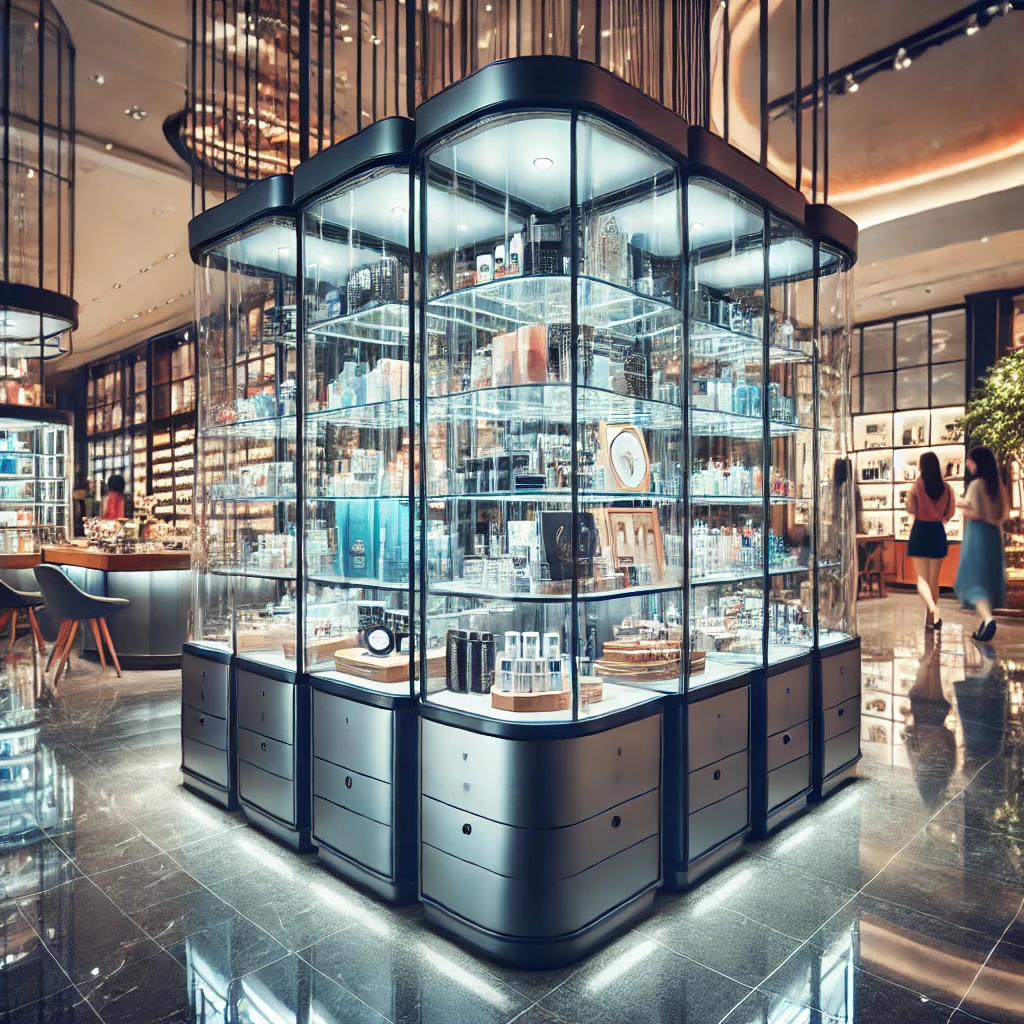 glass showcases in a busy retail environment