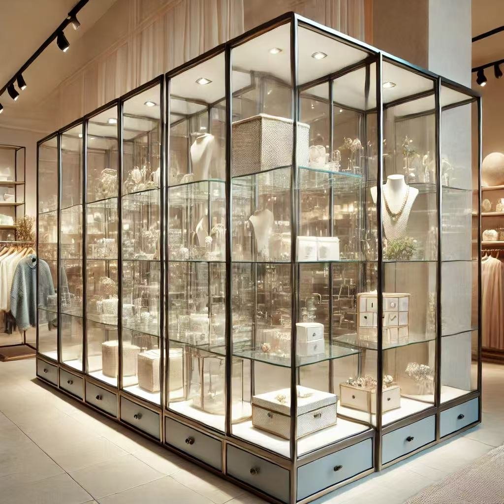 boutique store display using glass cabinets