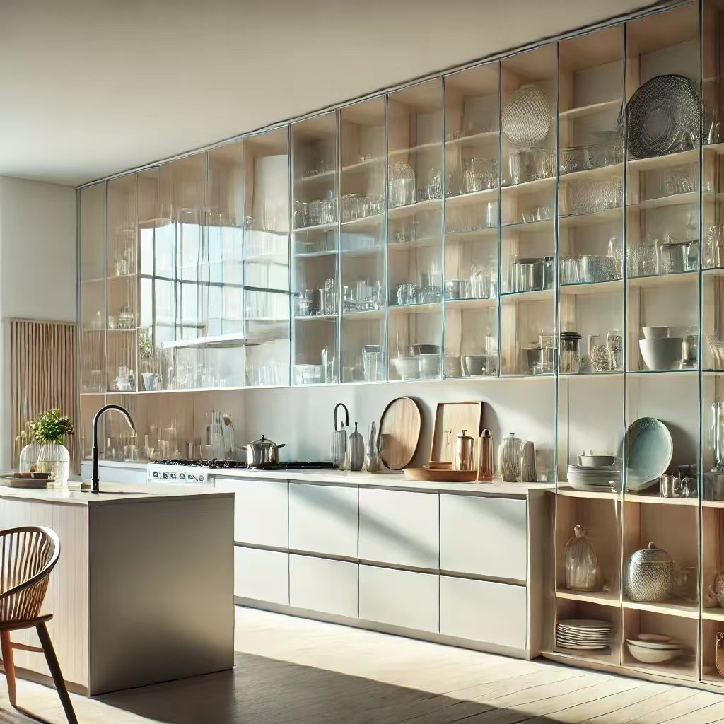 elegant glass cabinets in a modern kitchen