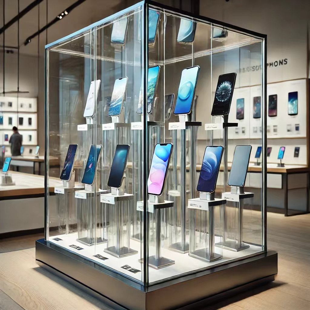 glass showcase with phones