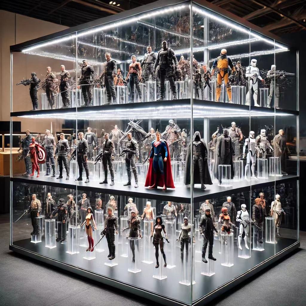 organized action figure display with risers 2