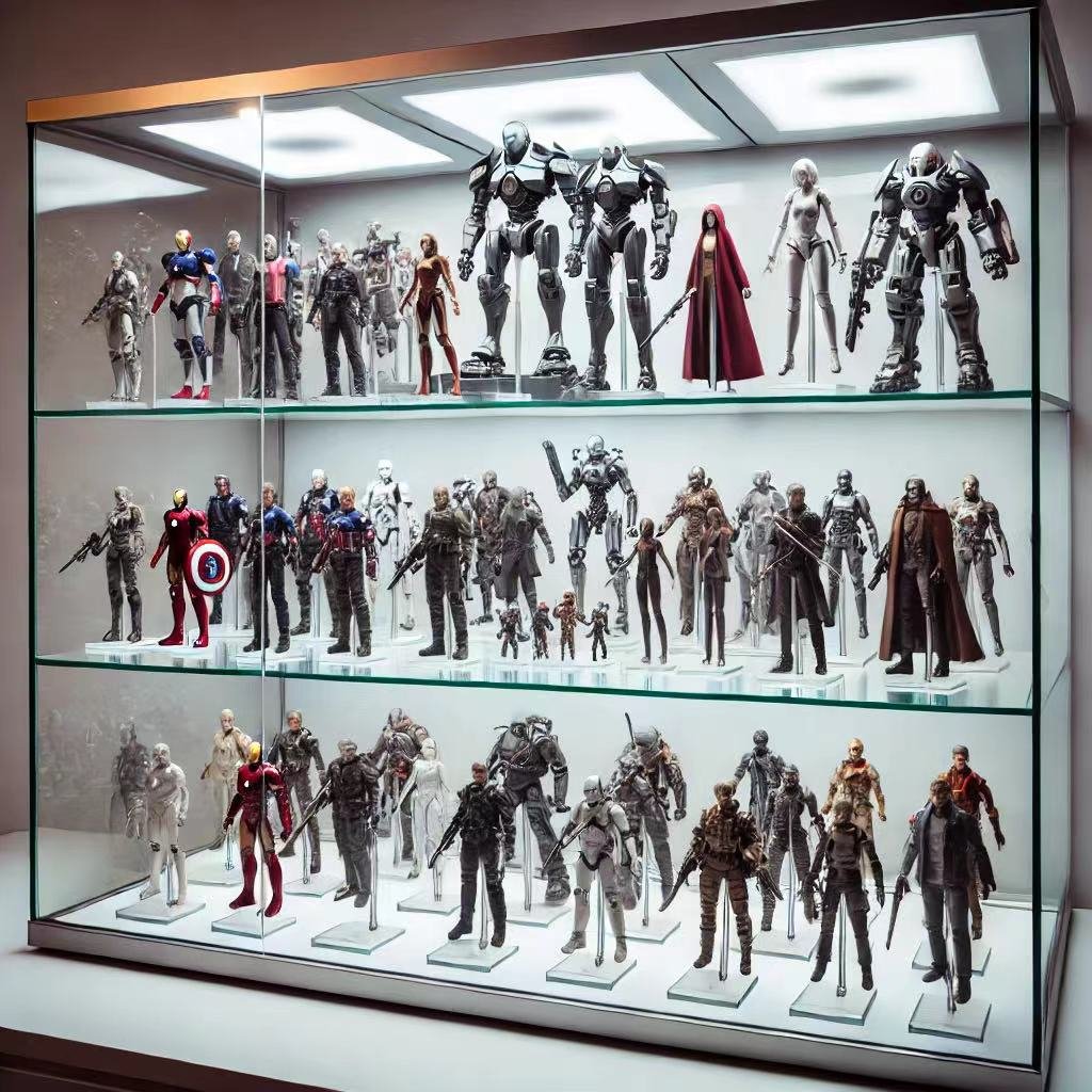 organized action figure display with risers