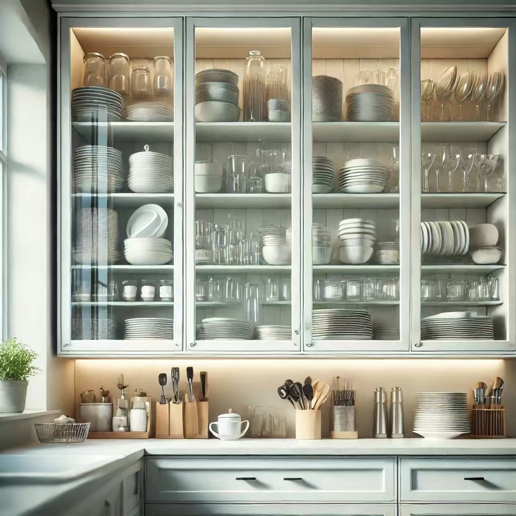 organized kitchen with glass cabinets