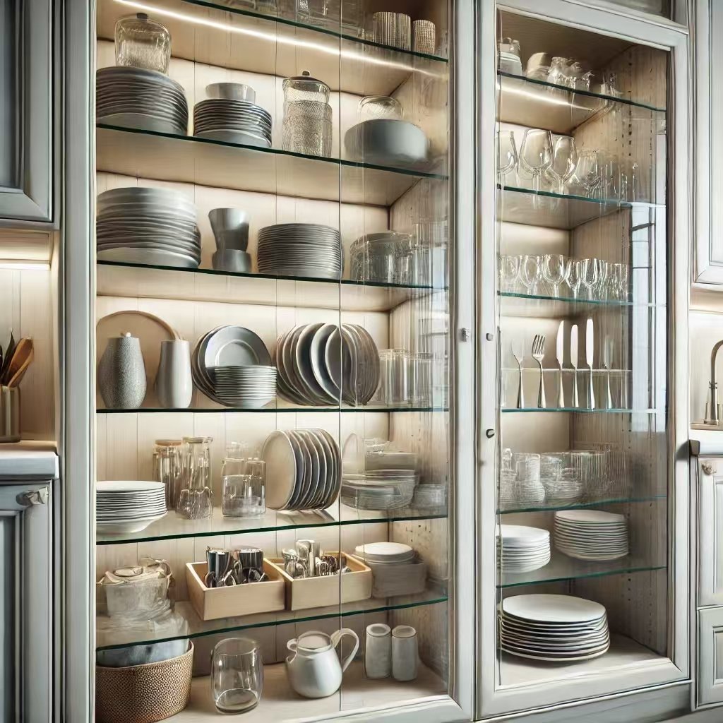 organized kitchen with glass cabinets 2