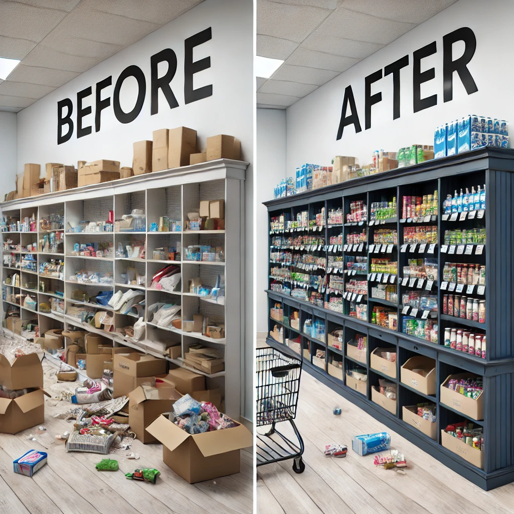 a before and after image of a cluttered vs. organized retail store 2