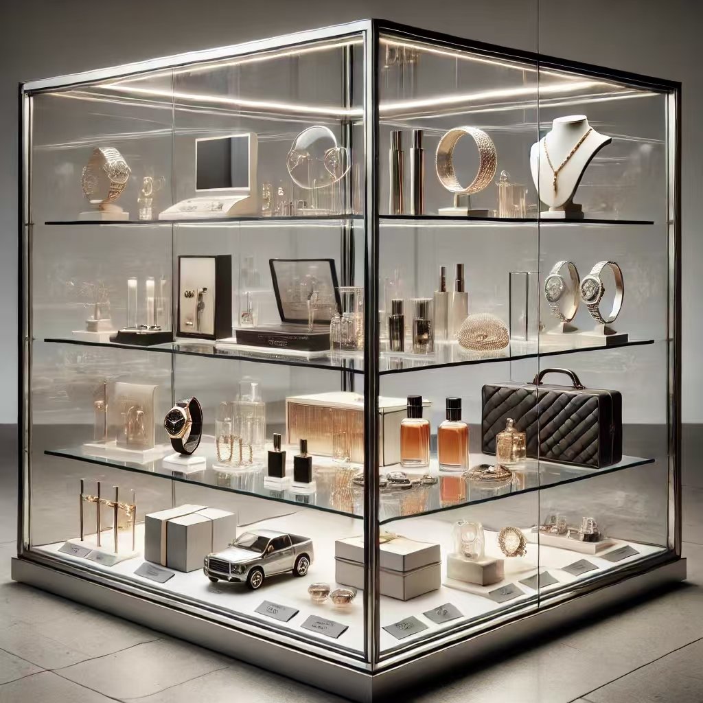 a glass showcase with a variety of displayed items in a neat, orderly fashion 2