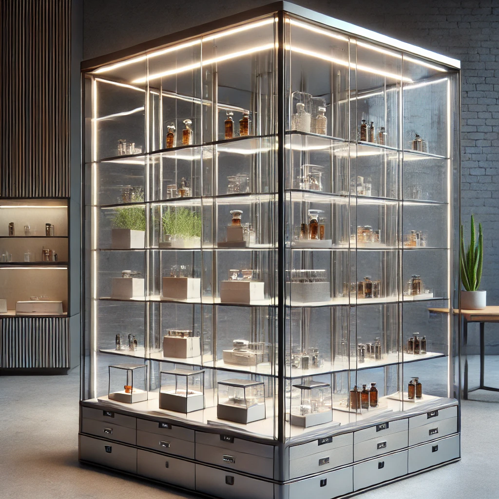 customized glass showcase with adjustable shelves and lighting options 2