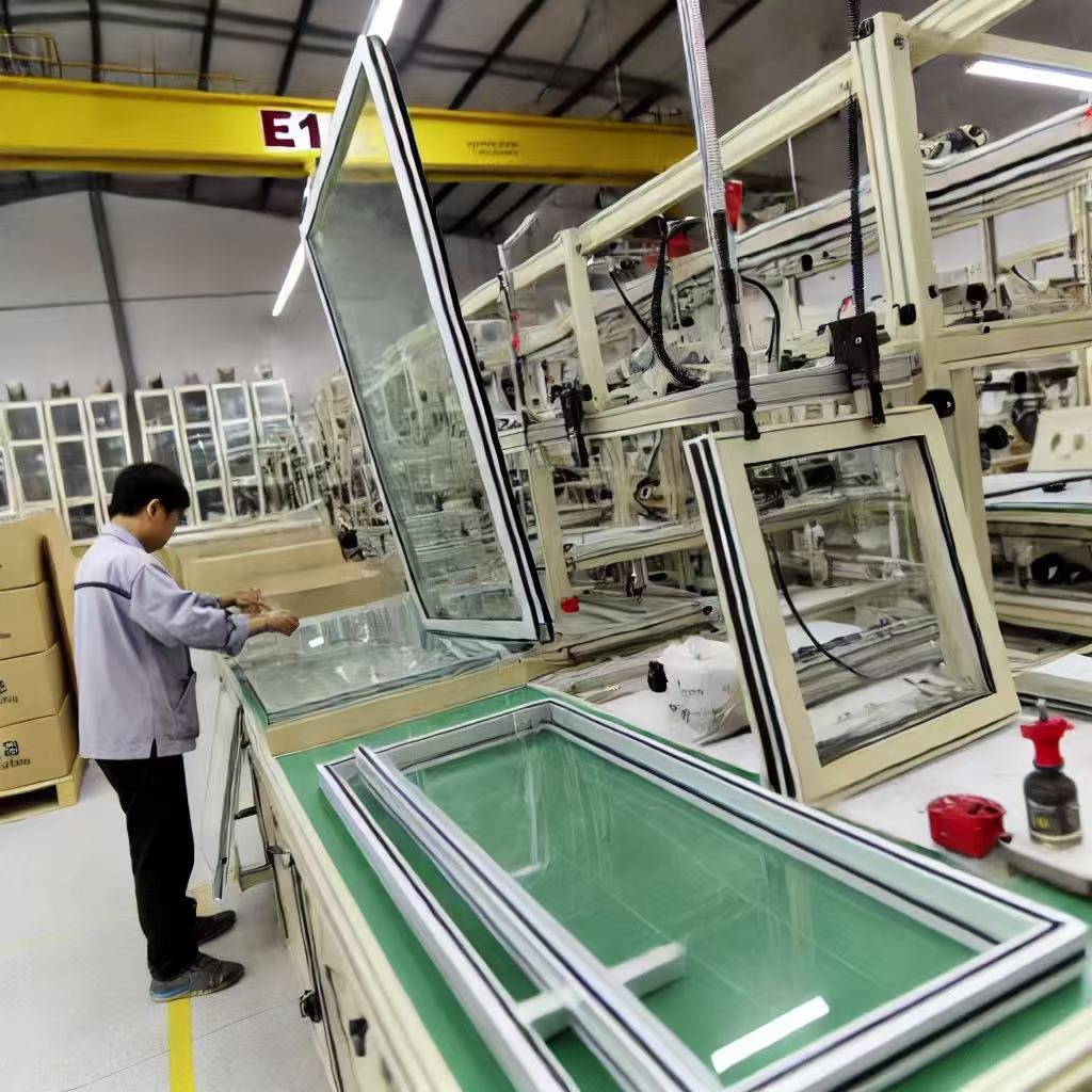 factory production line showing the manufacturing of glass showcases