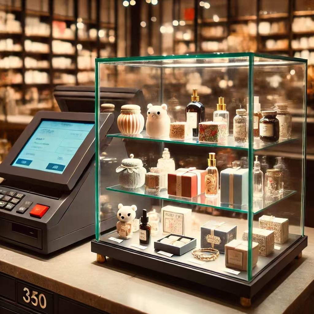 glass showcase near a checkout counter displaying smaller, gift sized items 2