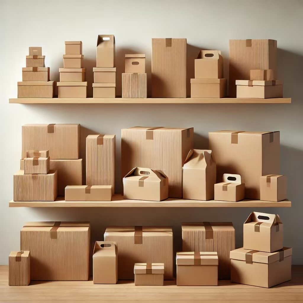 show a display of various cardboard boxes arranged neatly on a shelf 2