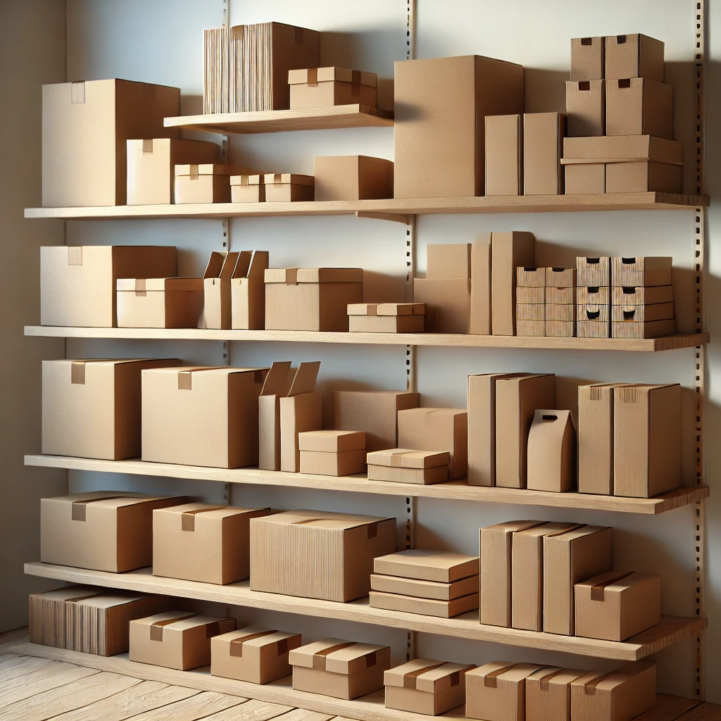 show a display of various cardboard boxes arranged neatly on a shelf