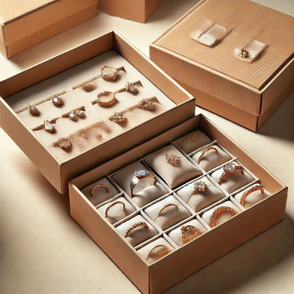 show a finished cardboard display box holding small items like jewelry