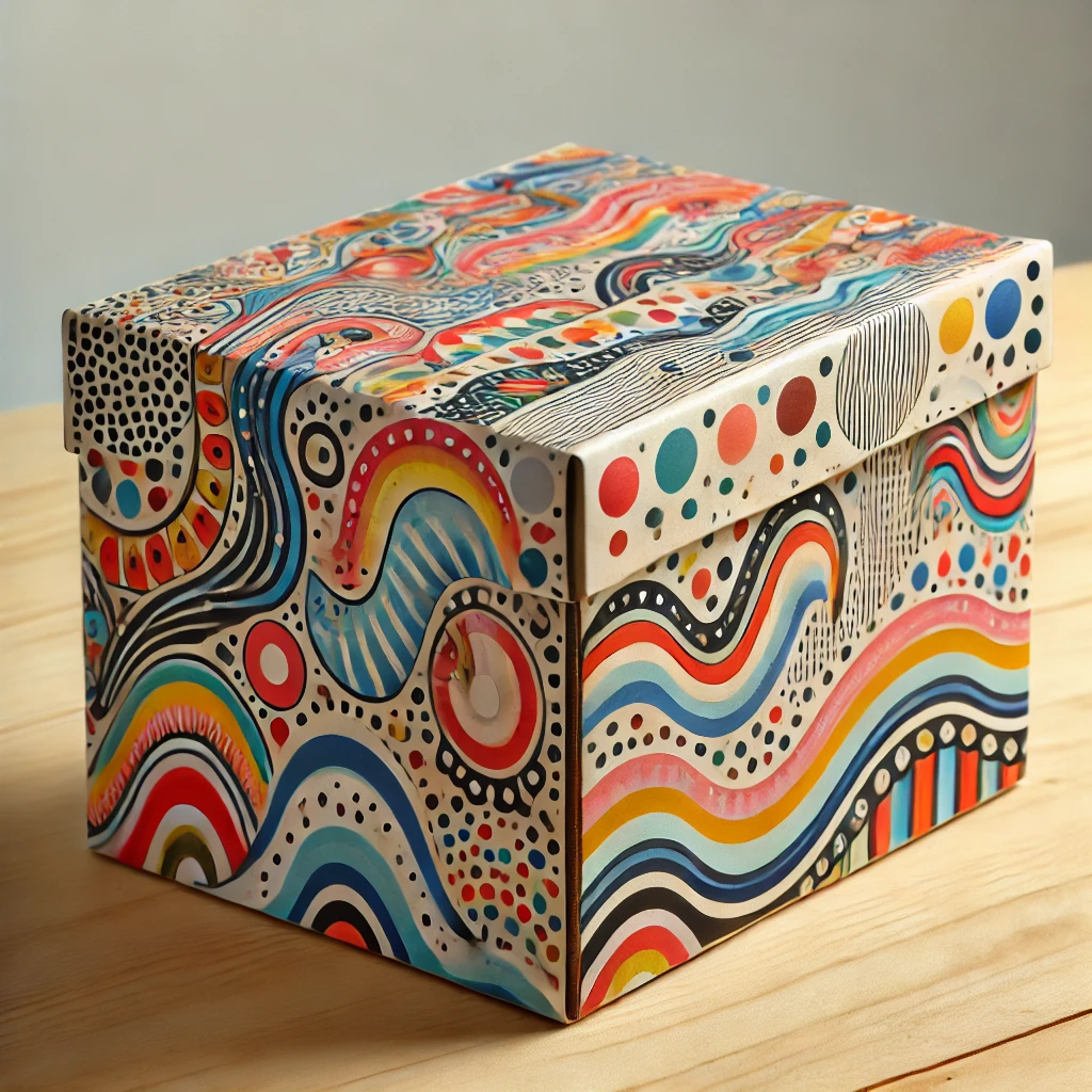 show a picture of a painted cardboard box with creative designs 2