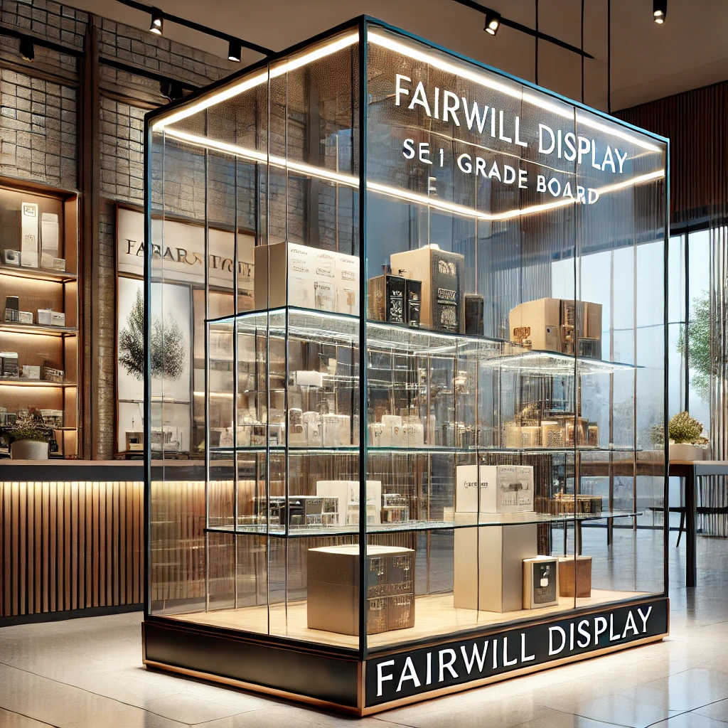 image of fairwill display's glass showcases, highlighting their durability and design