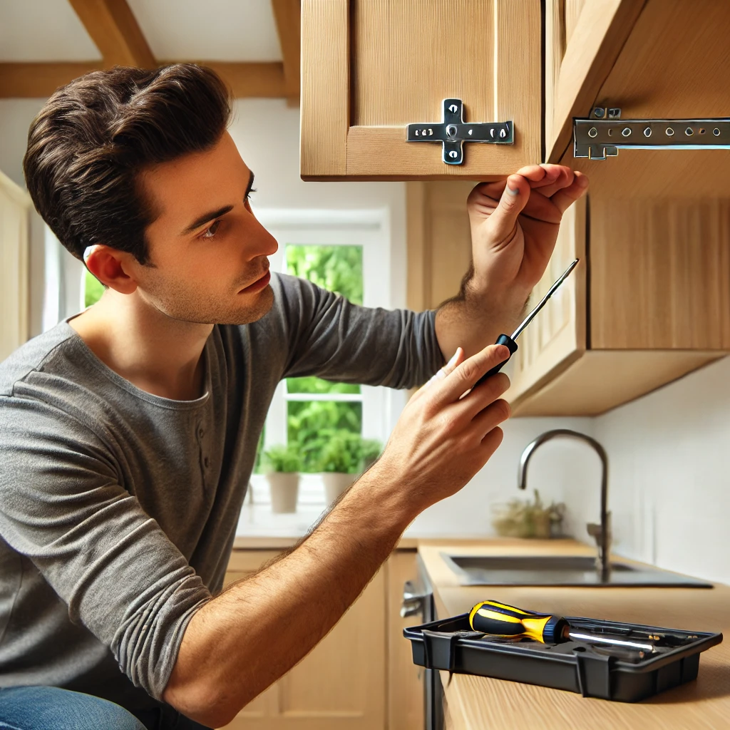 image of a homeowner checking the screws and brackets of their upper kitchen cabinets 2