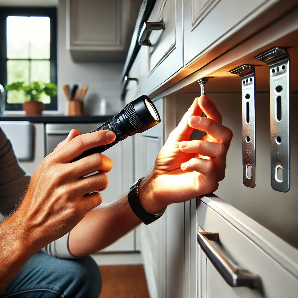 image of a homeowner checking the screws and brackets of their upper kitchen cabinets