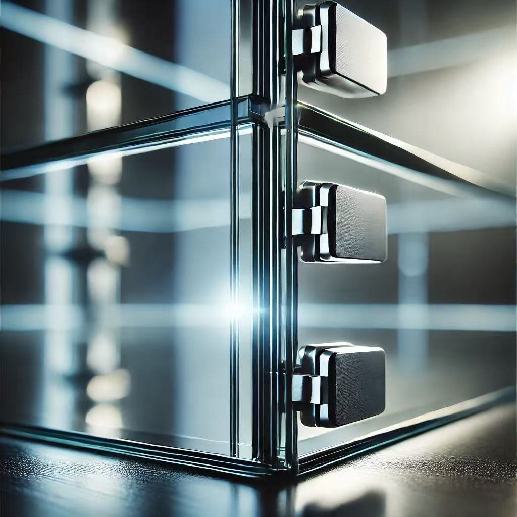 close ups of glass display racks